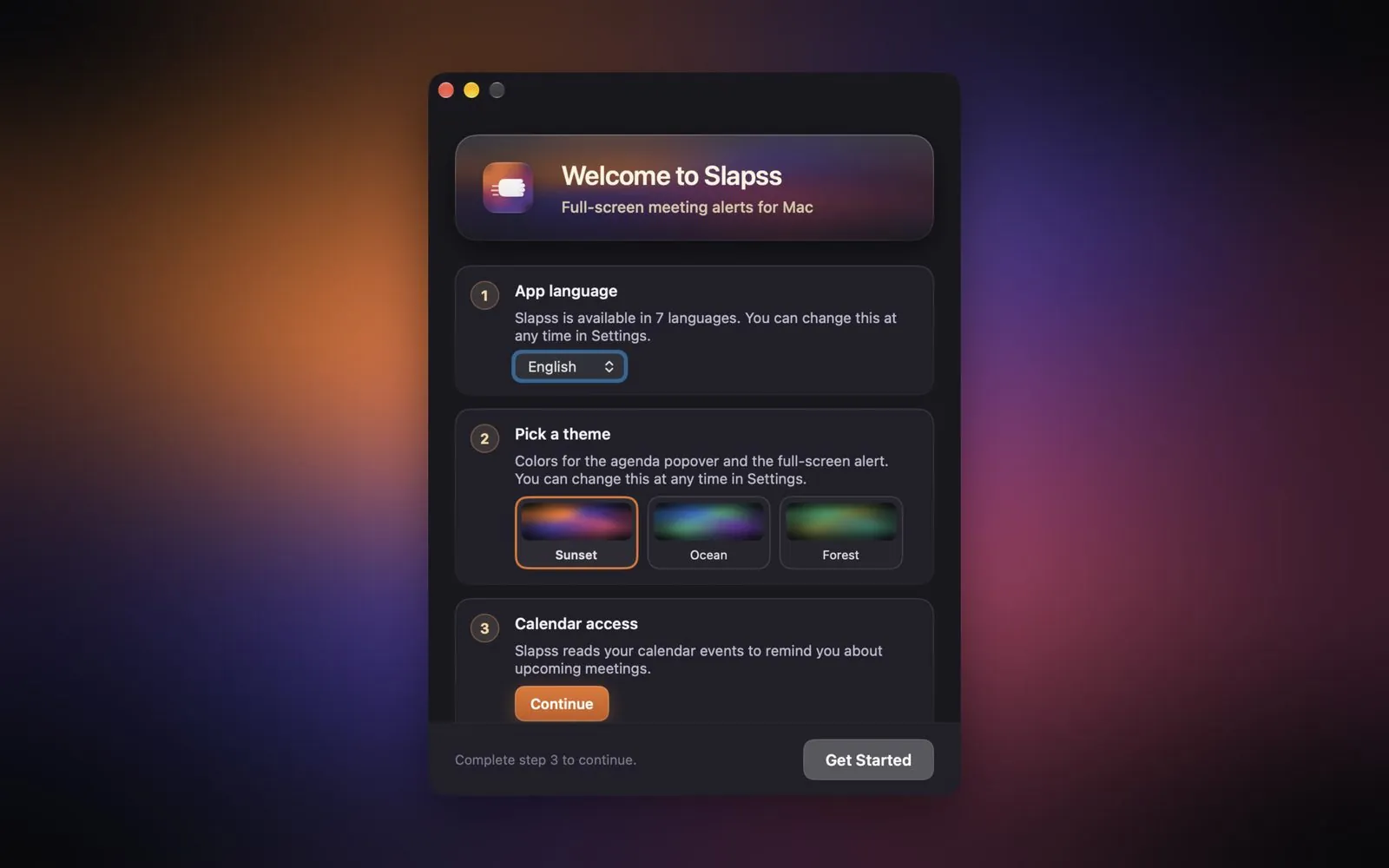 Slapss welcome screen with language, theme and calendar access steps