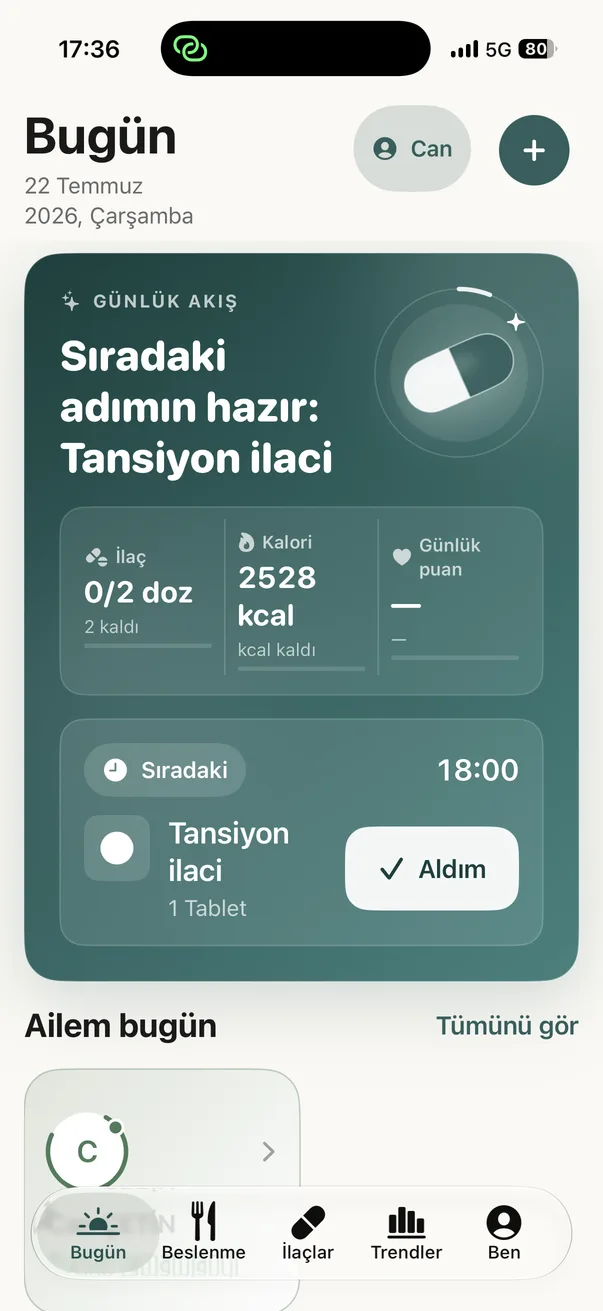 Kapsül Today screen with the next dose and calories left